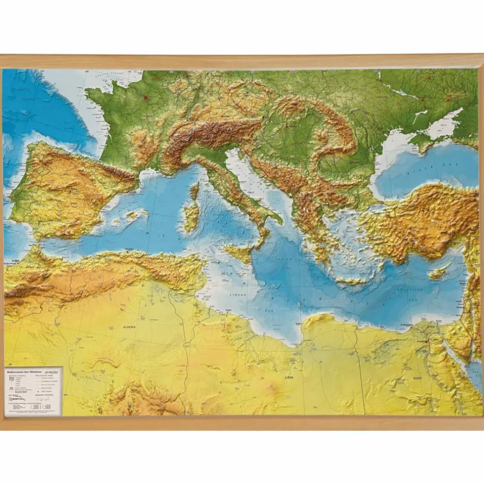 RELIEF MITTELMEER 1:5.5MIO MIT NATURHOLZRAHMEN - Wand Karte